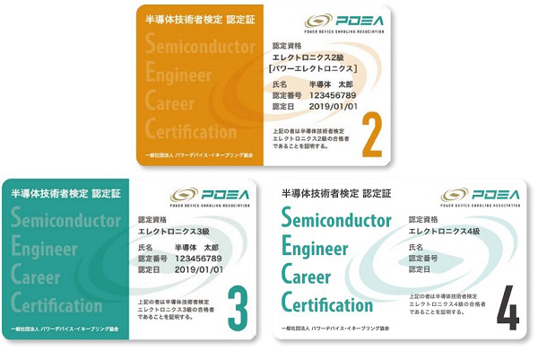 半導体技術者検定 エレクトロニクス2級、3級、4級カード型認定証